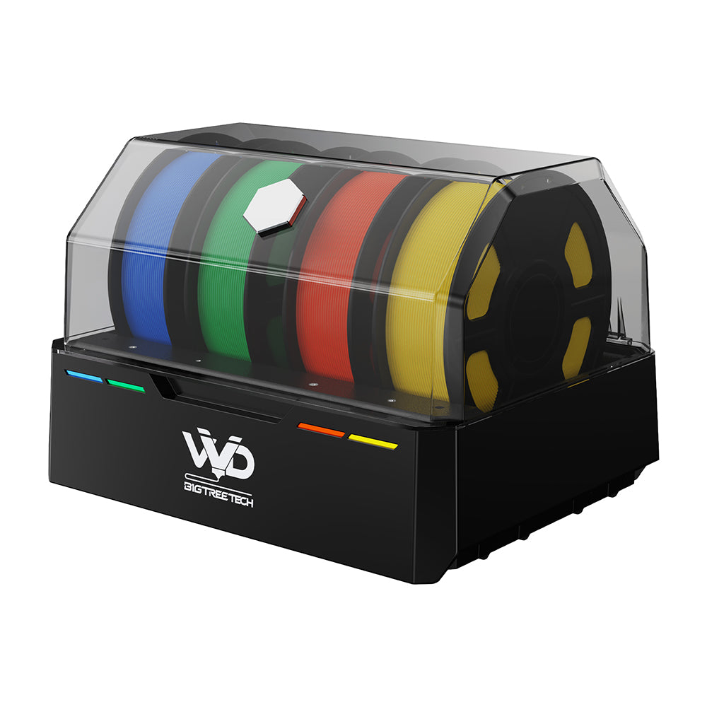 BIGTREETECH ViViD multi-color filament dryer box displaying colorful spools with transparent acrylic dome cover and black...