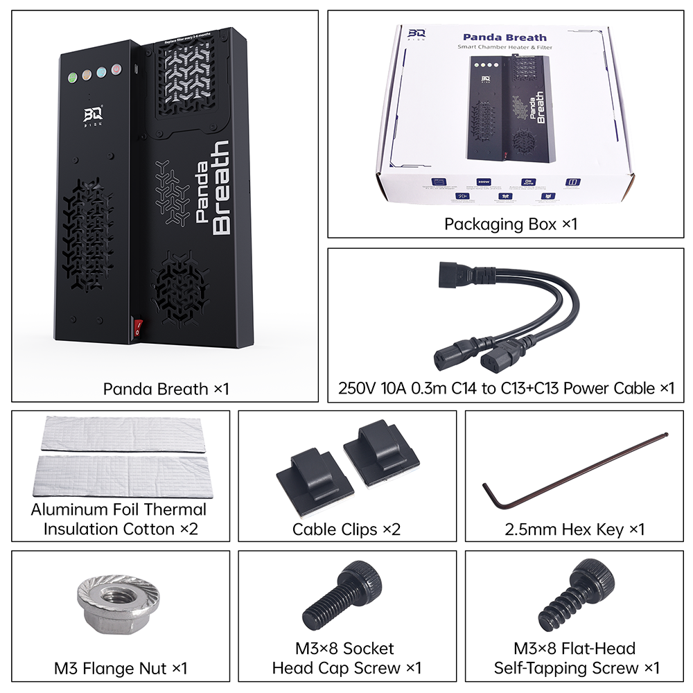BIQU Panda Breath accessories kit showing cables, thermal insulation, cable clips, hex key, and mounting screws