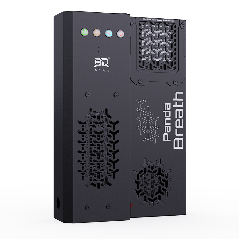 BIQU Panda Breath smart air filtration system with dual filters and LED status indicators, front view