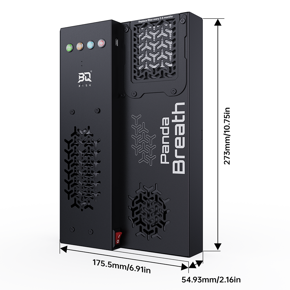 BIQU Panda Breath air filtration system with dimensions, black case, front panel controls, side view