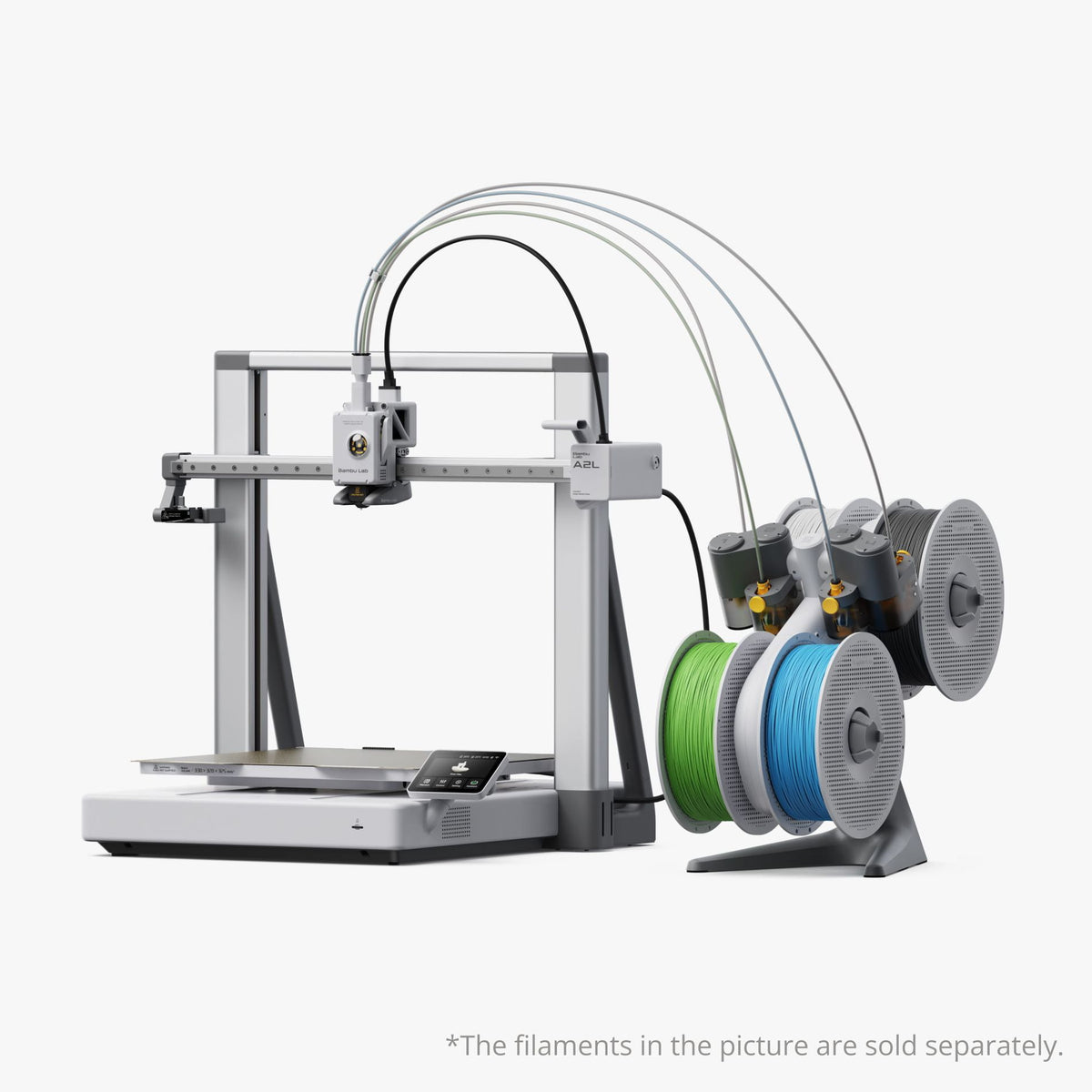 Bambu Lab A2L 3D printer with filament spools and control panel, front angle view