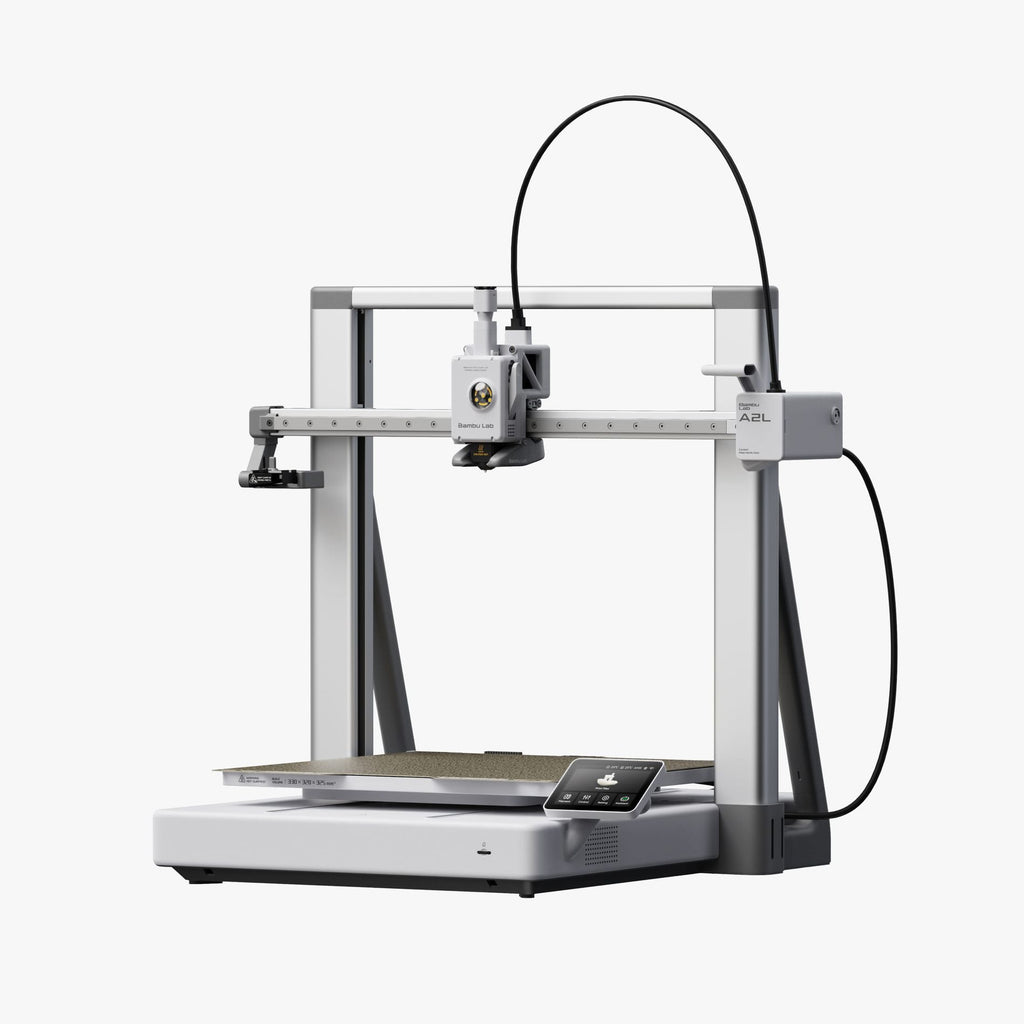 Bambu Lab A2L 3D printer with white frame, heated build plate, and black filament spool holder