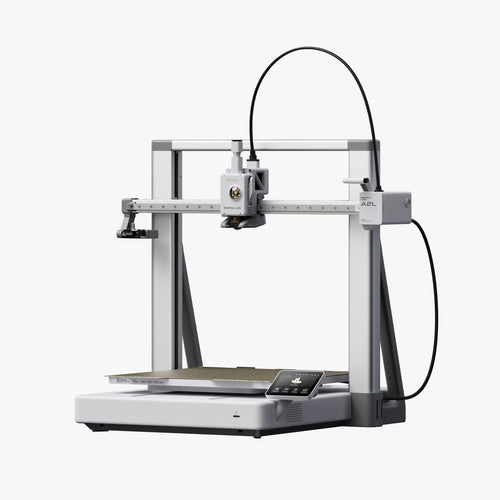 Bambu Lab A2L 3D printer with white frame, heated build plate, and black filament spool holder