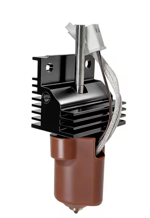 HeatPoint Complete Hotend Kit for Creality K1 series showing assembled heater block, nozzle, and brown heat sink from angl...