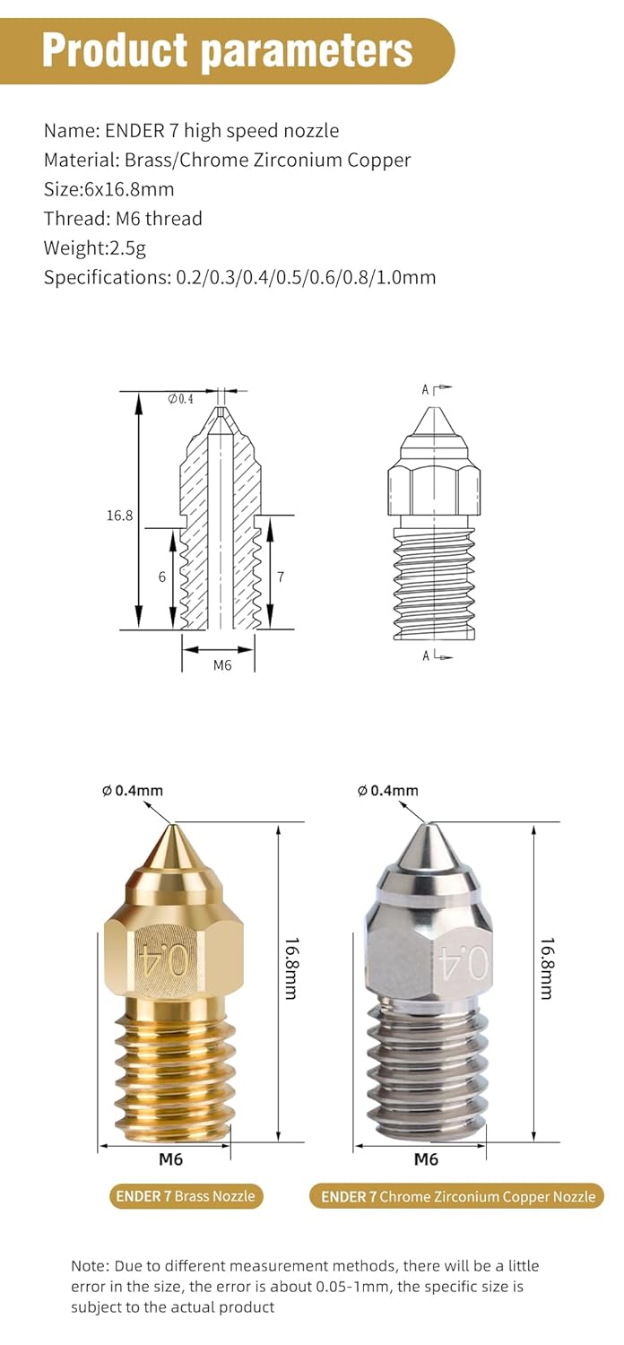 3docity Creality Sprite Brass Nozzle 8Pcs Varity Kit (Ender 3 V3 SE/ Ender 5 S1/ Ender 7) - 3docity
