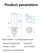 3docity Creality Sprite Hardened Steel Nozzle 8Pcs Varity Kit (Ender 3 V3 SE/ Ender 5 S1/ Ender 7) - 3docity