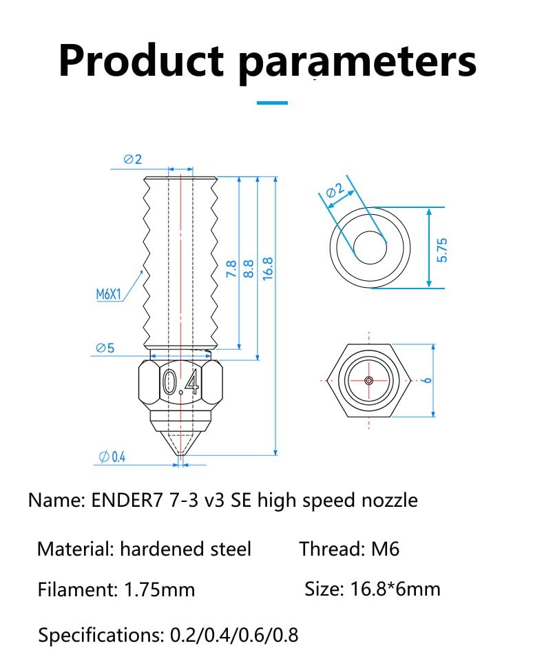 3docity Creality Sprite Hardened Steel Nozzle 8Pcs Varity Kit (Ender 3 V3 SE/ Ender 5 S1/ Ender 7) - 3docity