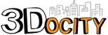 Logo for 3Docity with "3D" in large, black and white block letters and "ocity" in smaller, orange and black text. Above the text is a simple, grey outline of a cityscape with various buildings.