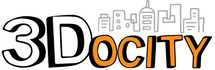 Logo for 3Docity with "3D" in large, black and white block letters and "ocity" in smaller, orange and black text. Above the text is a simple, grey outline of a cityscape with various buildings.