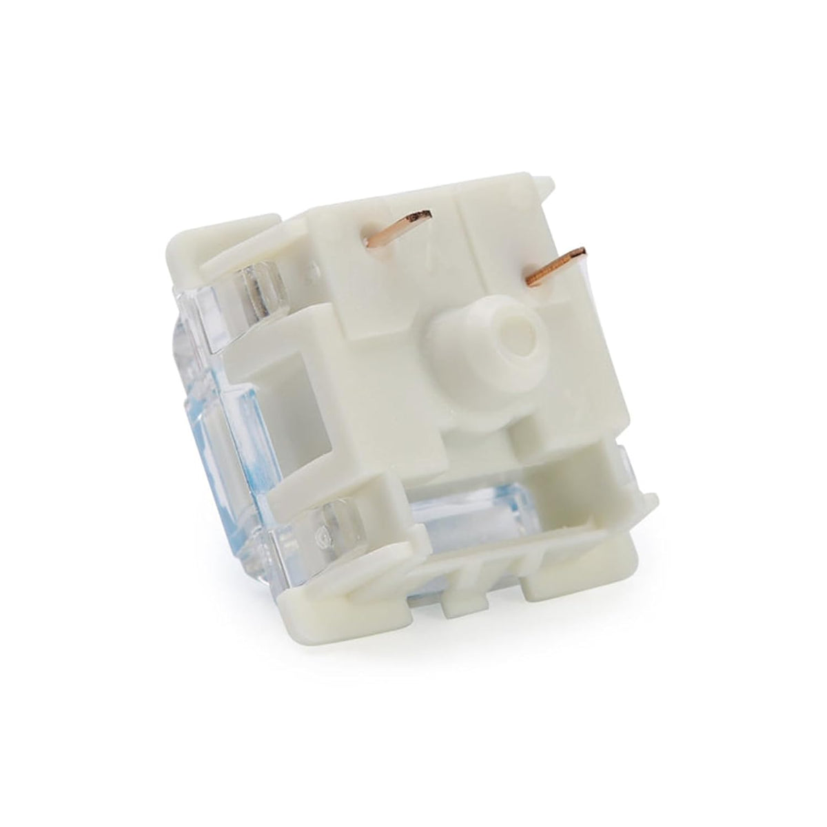 Gateron G Pro 3.0 Blue switch internals showing housing, stem, and copper contacts from angled view