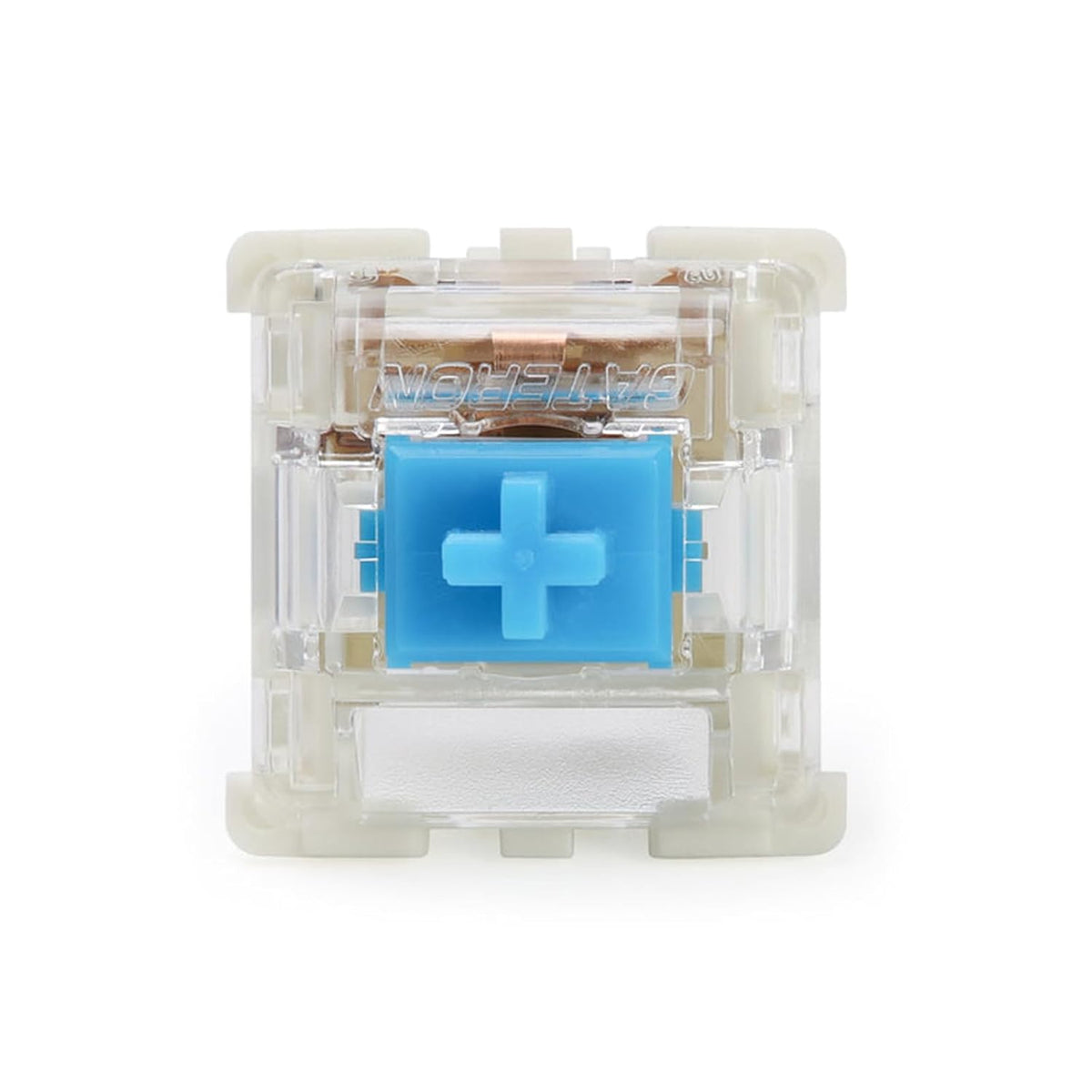 Gateron G Pro 3.0 Blue clicky switch with transparent housing showing internal mechanism and blue stem