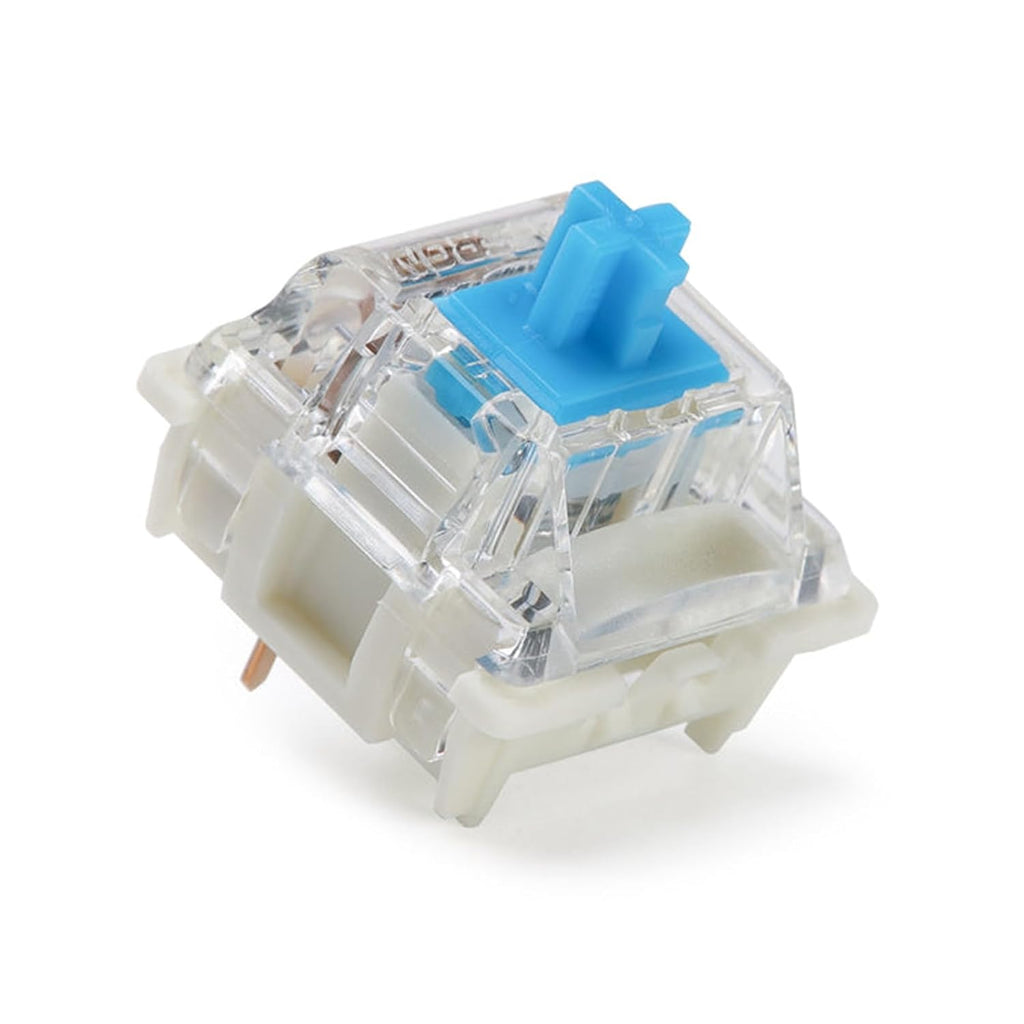 Gateron G Pro 3.0 Blue clicky switch with transparent housing and blue stem, disassembled view showing internal components