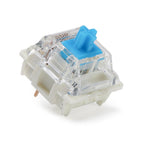 Gateron G Pro 3.0 Blue clicky switch with transparent housing and blue stem, disassembled view showing internal components