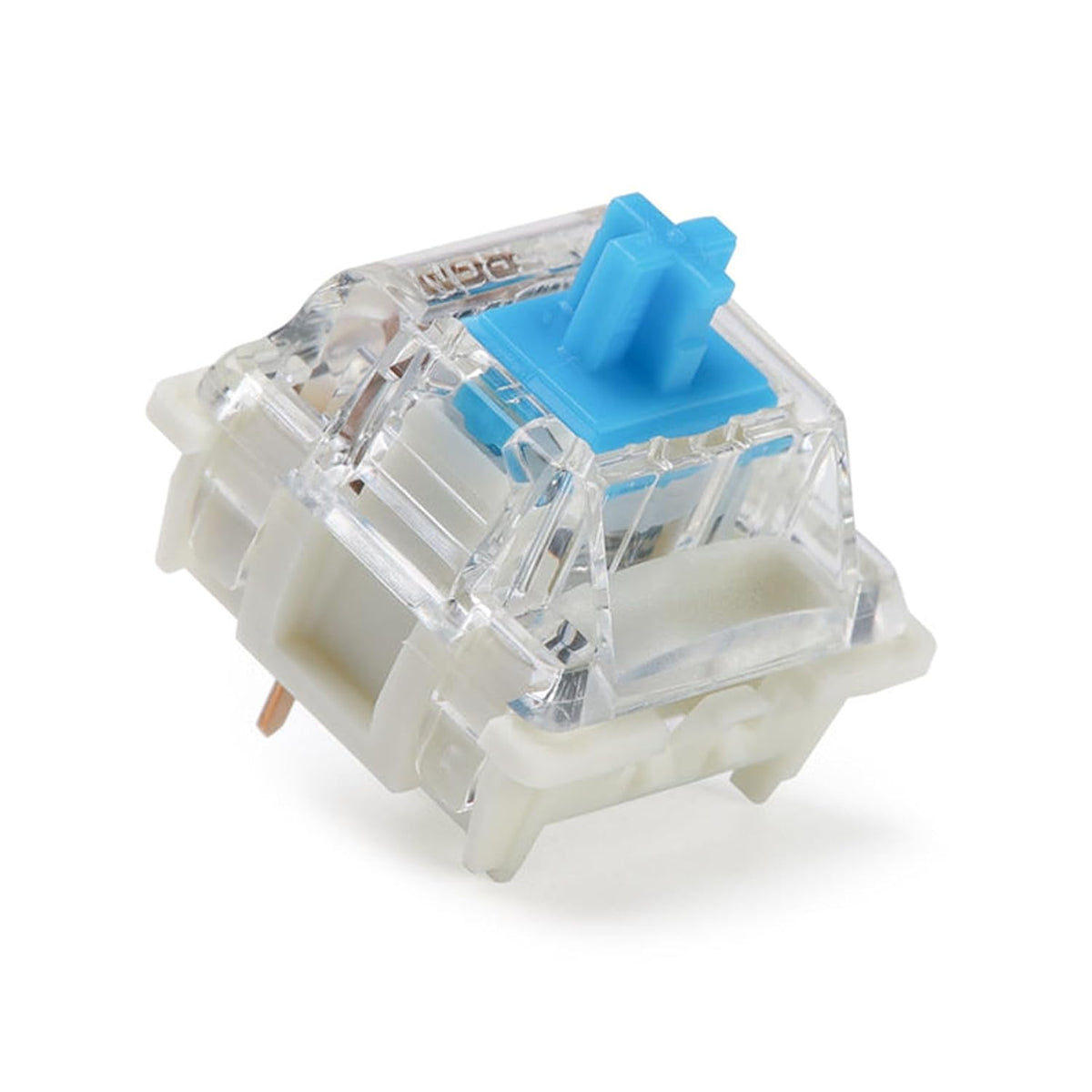 Gateron G Pro 3.0 Blue clicky switch with transparent housing and blue stem, disassembled view showing internal components
