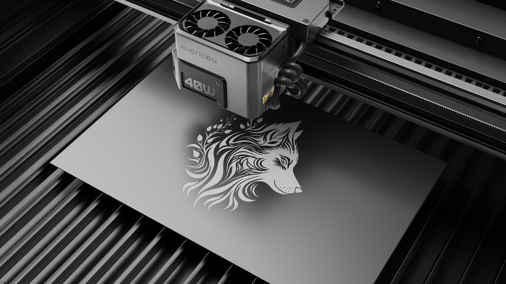Aliencell X1 Diode Laser Engraver with air assist engraving detailed lion design on white material