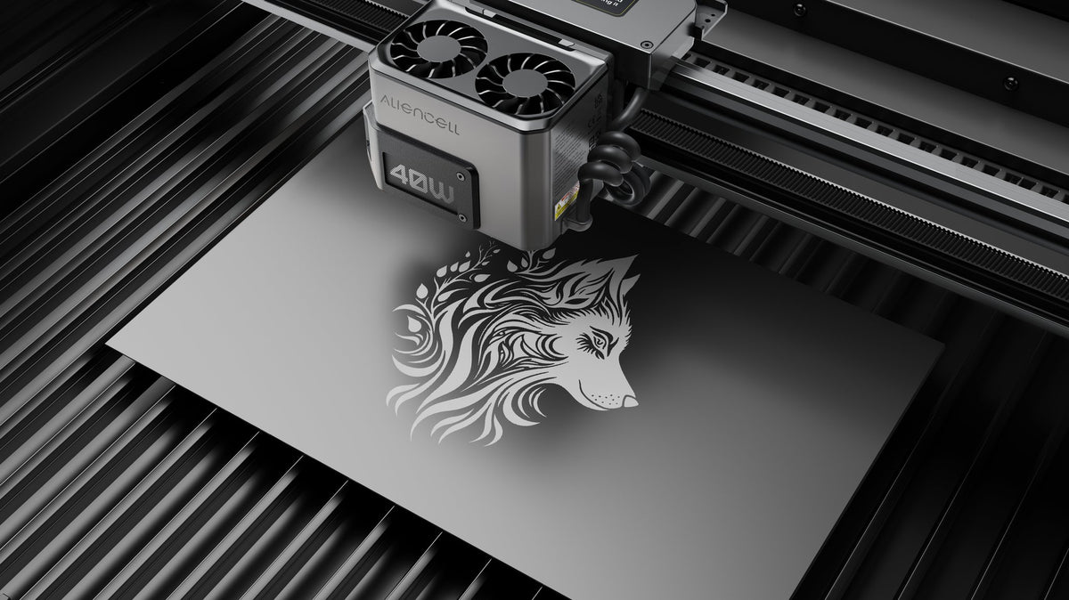 Aliencell X1 Diode Laser Engraver with air assist engraving detailed lion design on white material