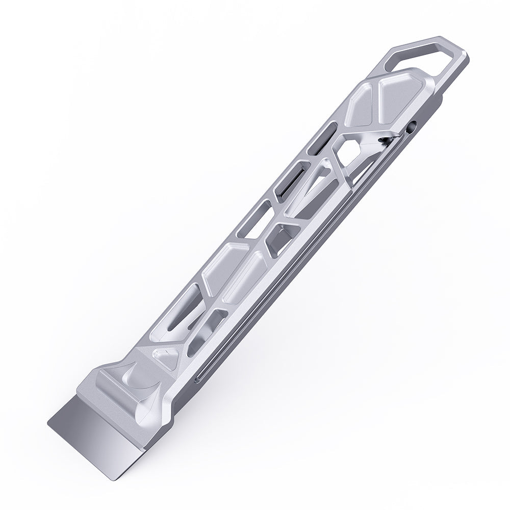 BIQU Panda Edge V2 aluminum alloy scraper with magnetic storage and hex key slots, angled view
