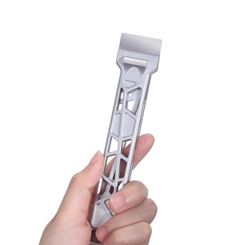 BIQU Panda Edge V2 aluminum scraper held in hand, showing magnetic design and hex key slots