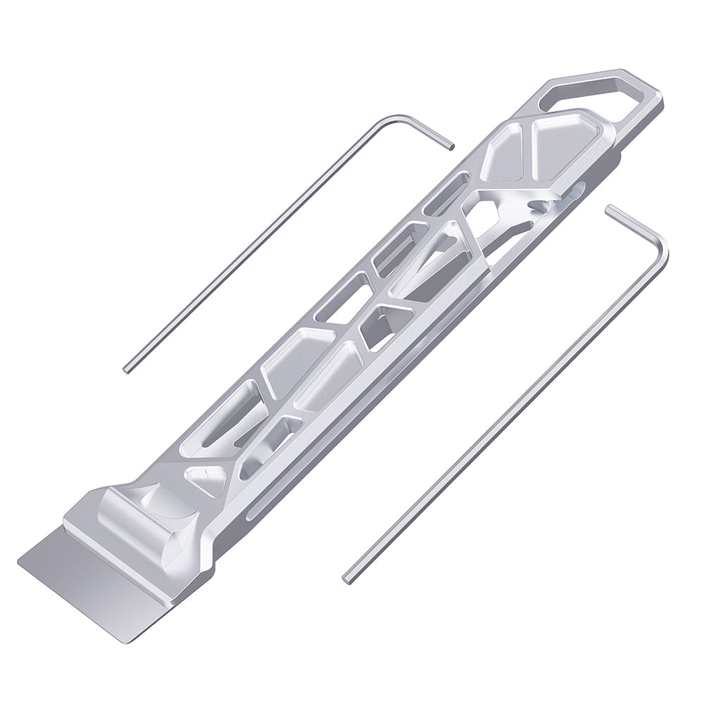 BIQU Panda Edge V2 aluminum scraper with magnetic storage and hex key slots, angled view showing tool components