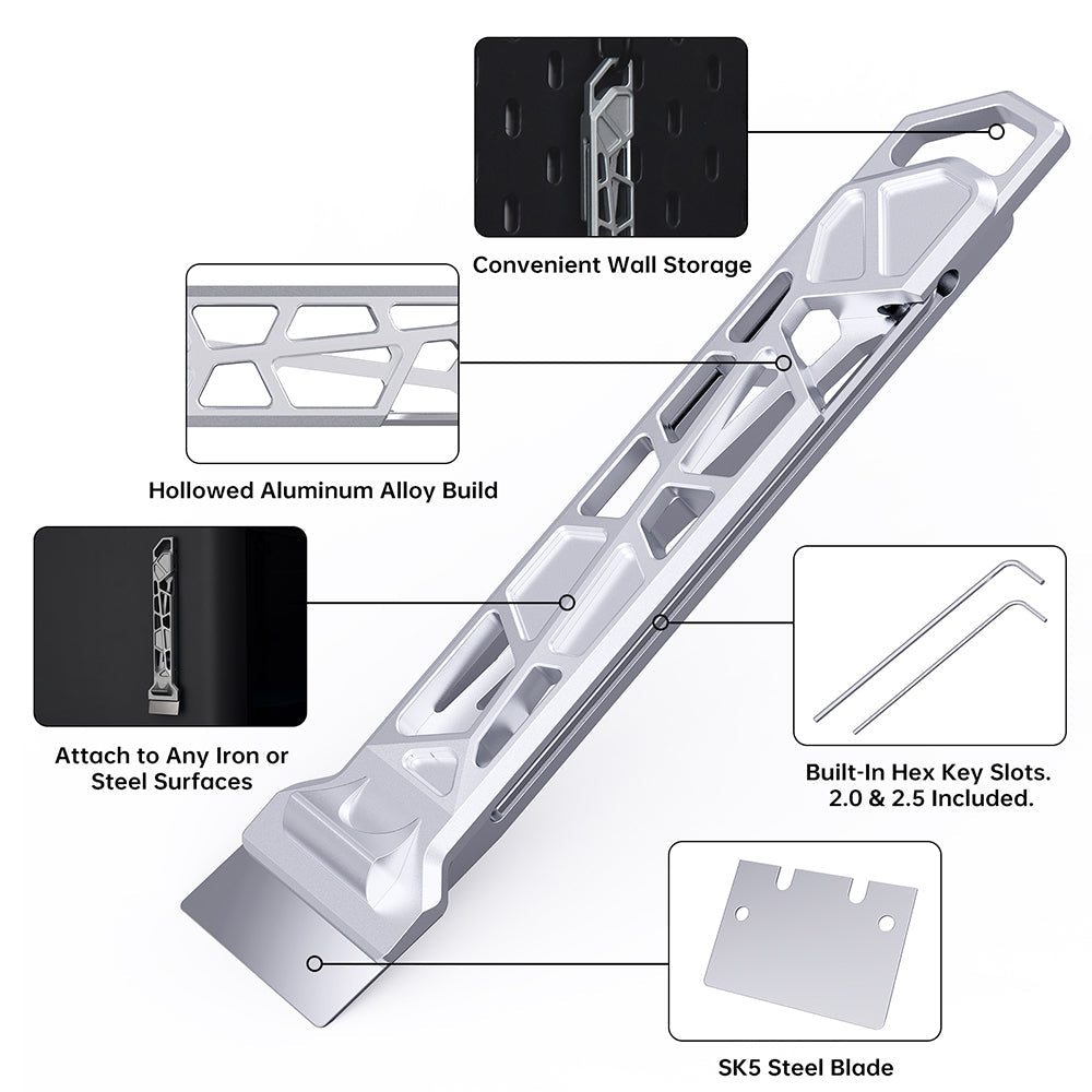 BIQU Panda Edge V2 aluminum alloy scraper with magnetic storage, hex key slots, and SK5 steel blade