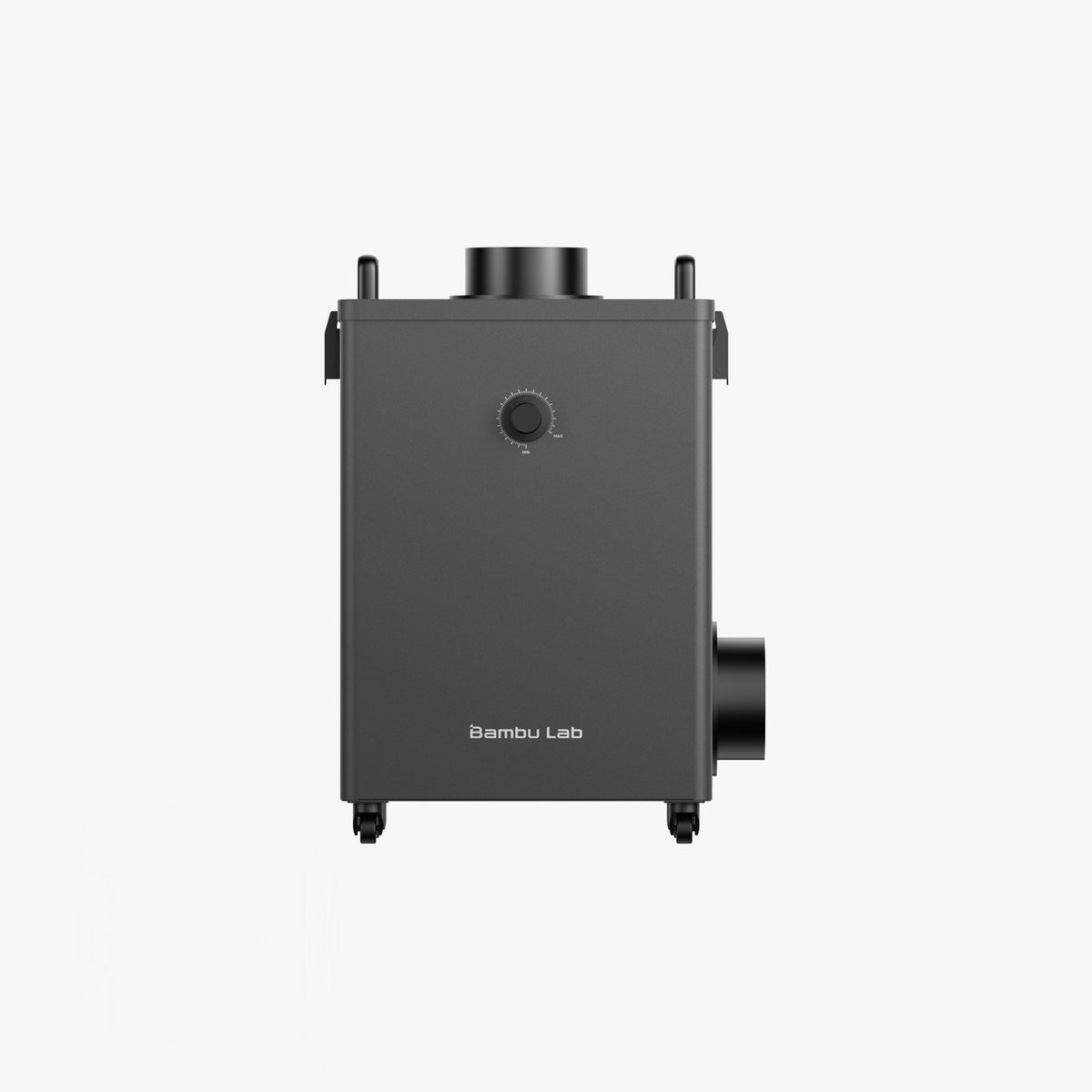 Bambu Lab Smoke Purifier front view, dark gray rectangular unit with control dial and exhaust ports