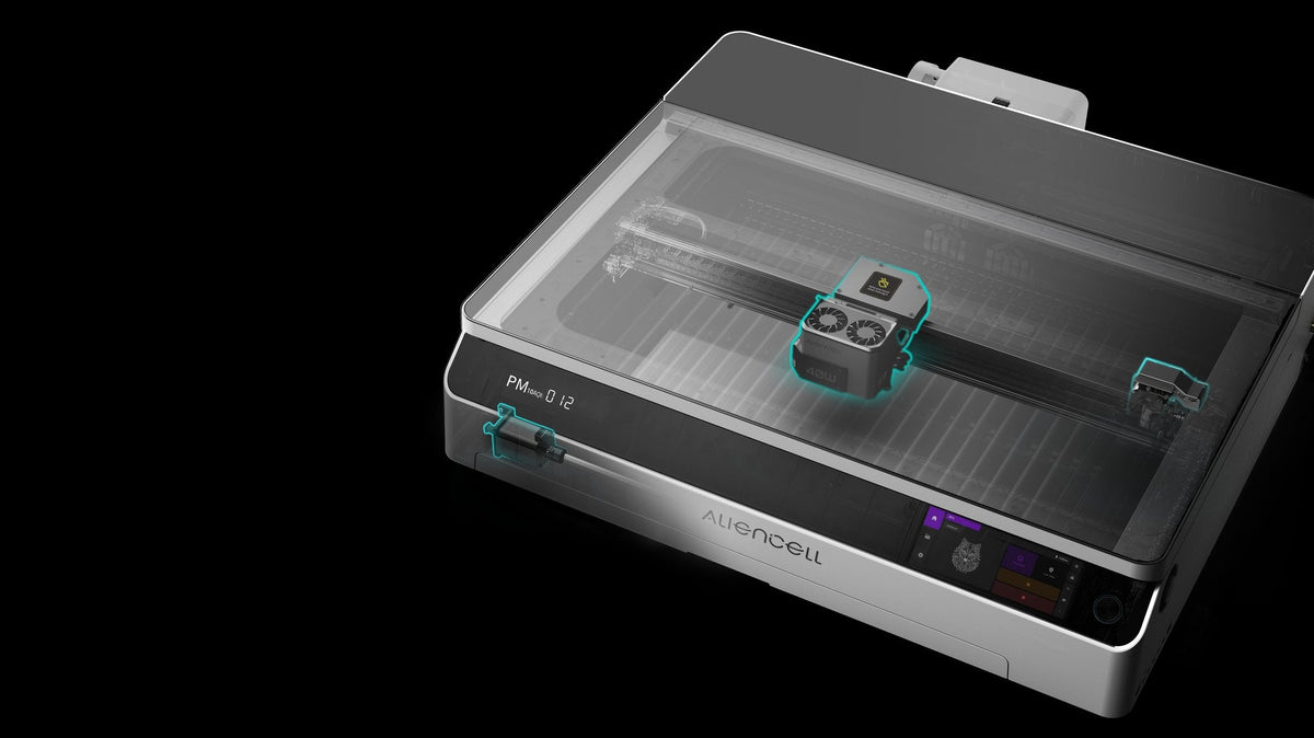 Aliencell X1 Diode Laser Engraver with air assist system highlighted in turquoise, top view