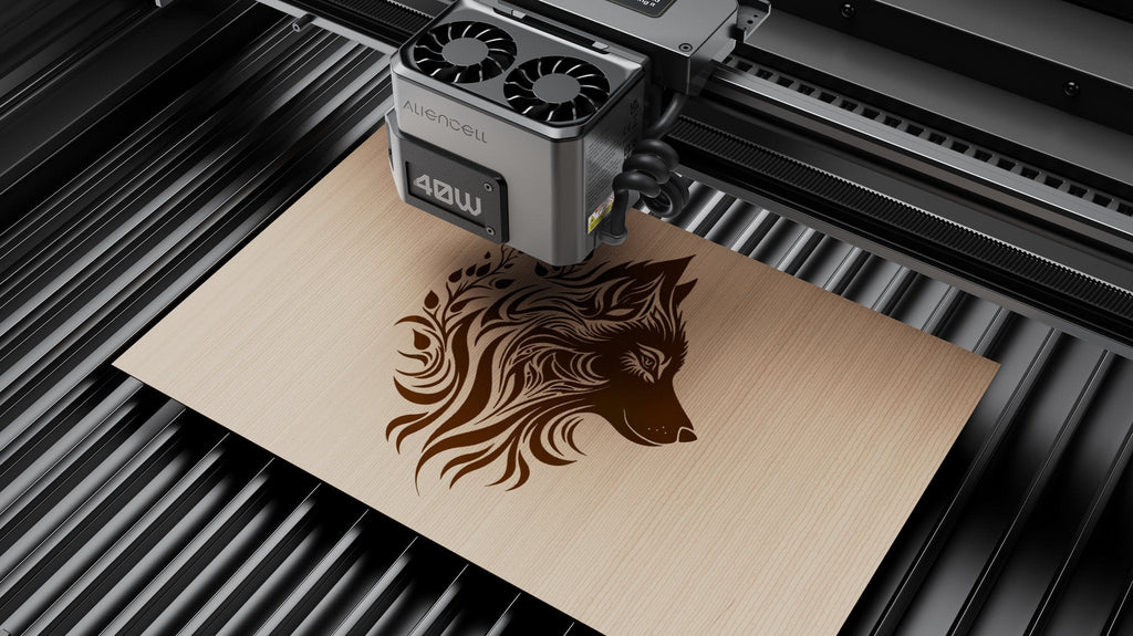 Aliencell 40W diode laser engraver with air assist engraving decorative lion design on wood