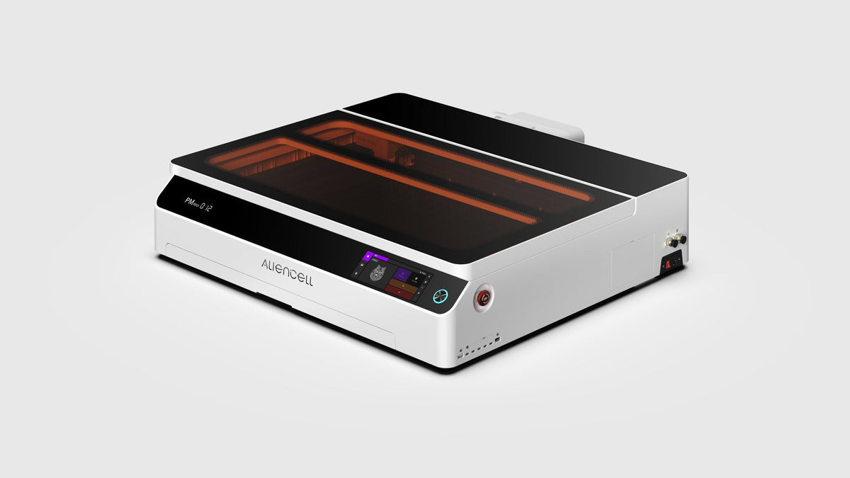 Aliencell X1 Diode Laser Engraver with air assist, white and black design, glowing red heating elements visible inside cha...