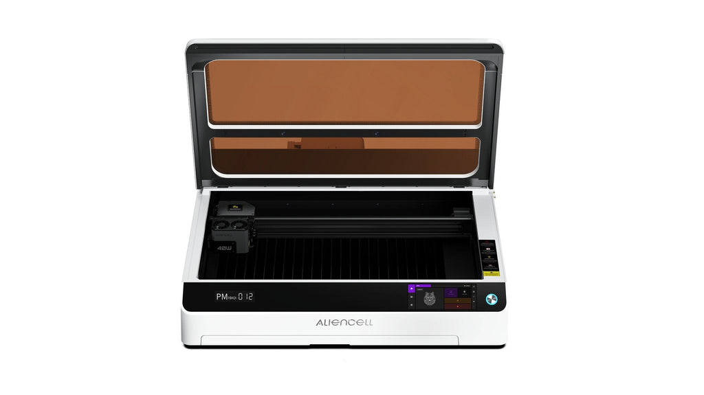 Aliencell X1 Diode Laser Engraver with air assist, open lid view showing brown interior and control panel