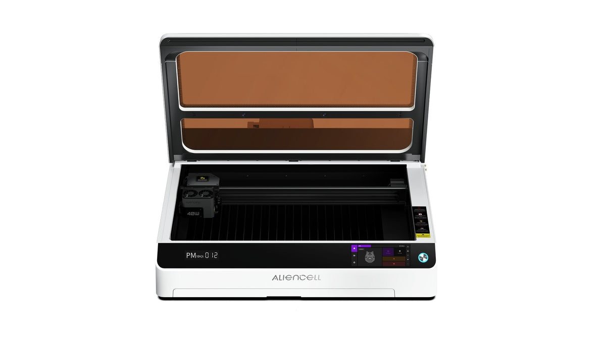 Aliencell X1 Diode Laser Engraver with air assist, open lid view showing brown interior and control panel