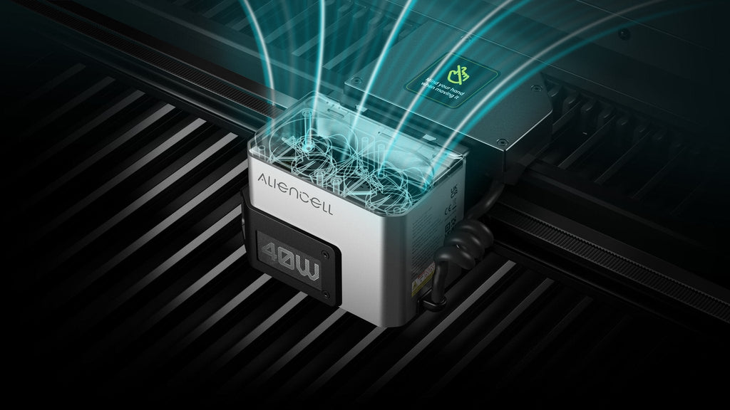 Aliencell X1 Diode Laser Engraver with 40W power and air assist system shown from above angle