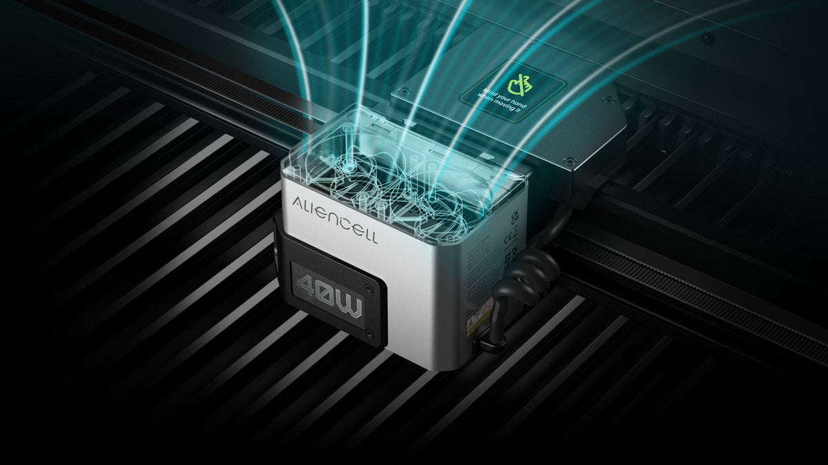 Aliencell X1 Diode Laser Engraver with 40W power and air assist system shown from above angle