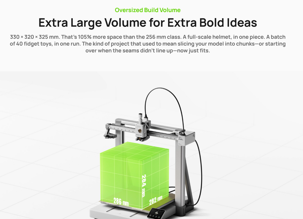Bambu Lab A2L 3D printer with large green build platform showing 330x320x325mm oversized volume capacity