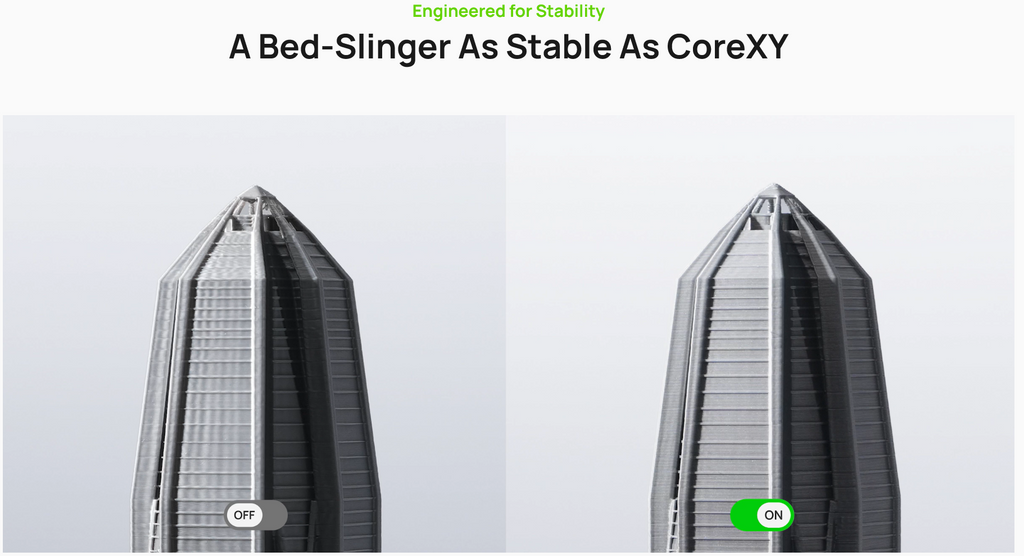 Bambu Lab A2L bed-slinger 3D printer stability comparison showing OFF and ON states
