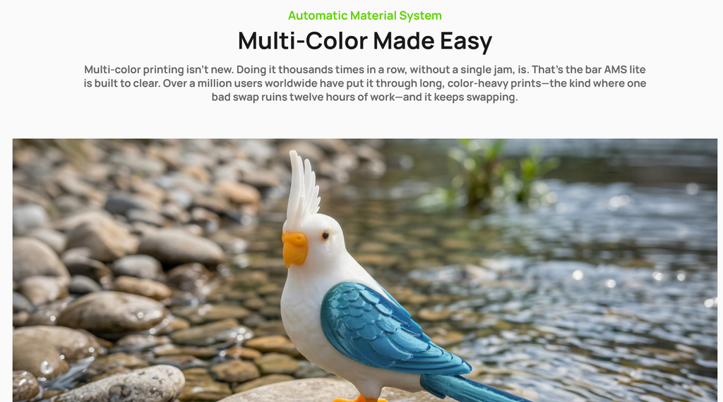 Multi-color 3D printed cockatoo with white body, yellow crest, and blue wings from Bambu Lab A2L