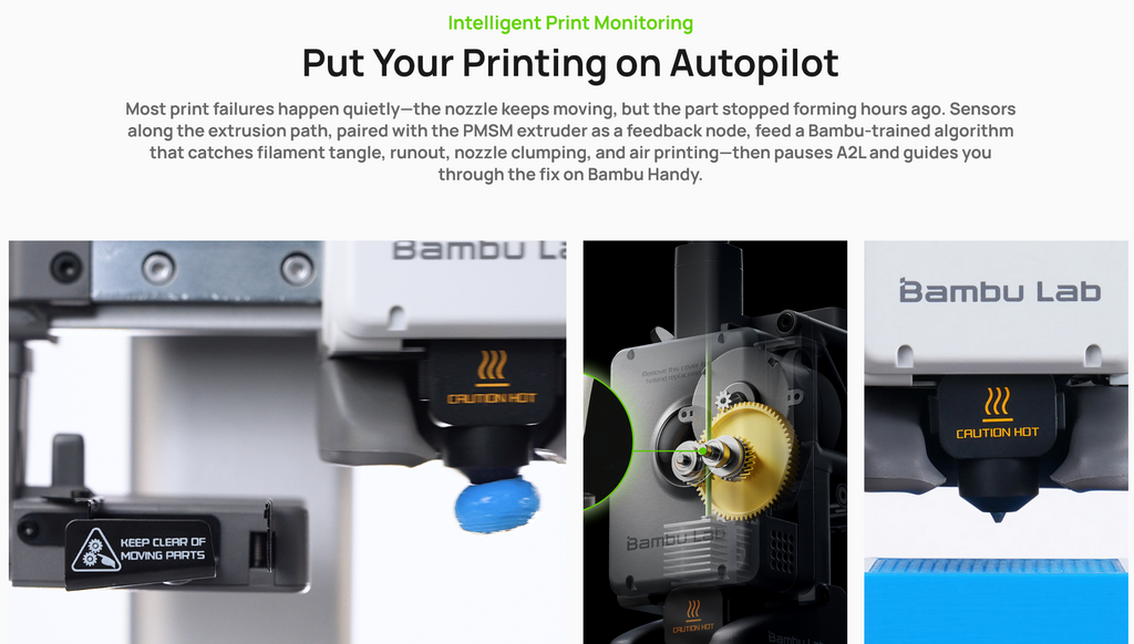 Bambu Lab A2L 3D printer with PMSM extruder and intelligent print monitoring sensors for automated failure detection