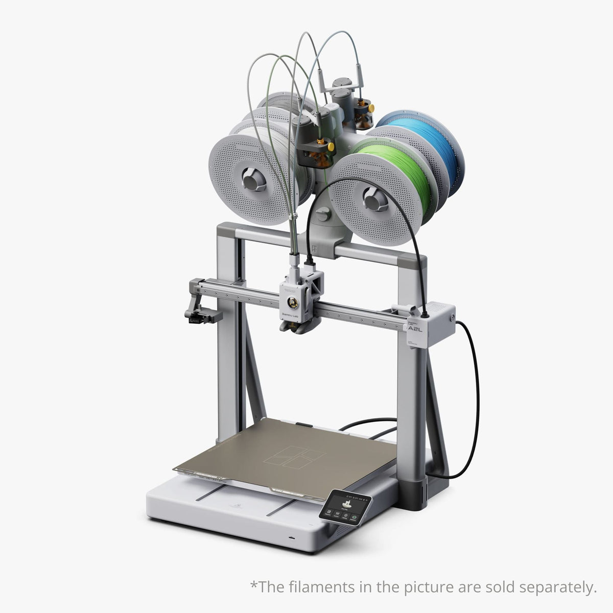 Bambu Lab A2L multi-material 3D printer with dual extruders and filament spools