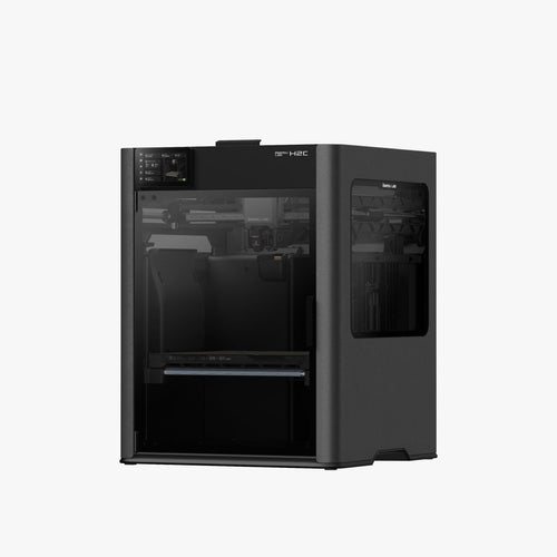 Bambu Lab H2C 3D printer front view with dual chamber design and integrated filament system
