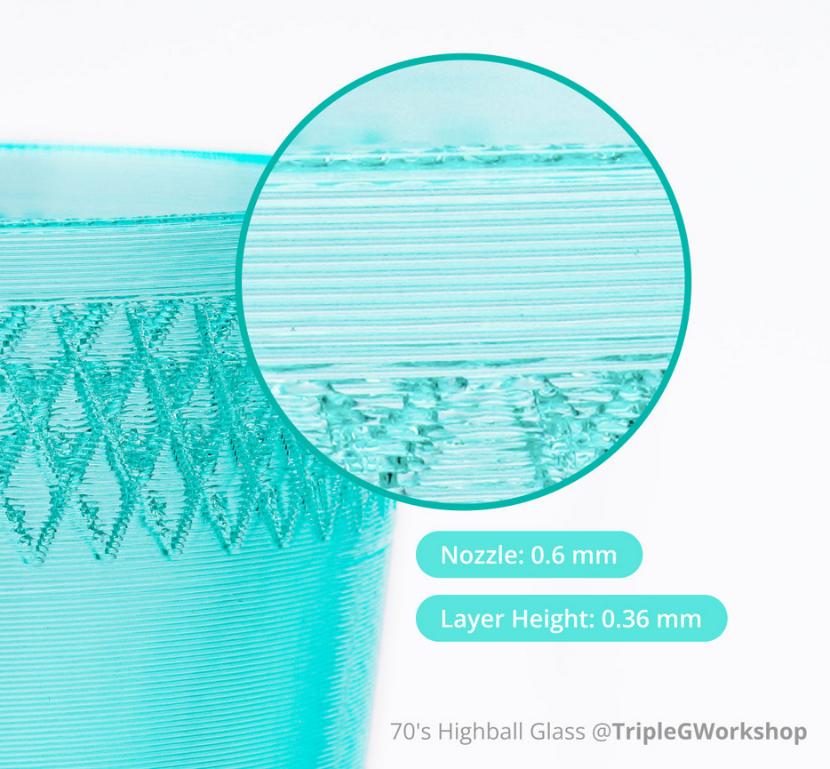 Bambu Lab PETG Translucent filament 1.75mm close-up showing nozzle 0.6mm, layer height 0.36mm detail