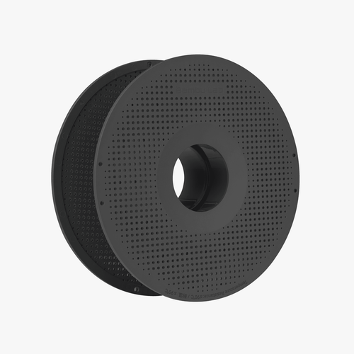 Bambu Lab High Temperature Reusable Spool, black perforated design, angled view showing front and side