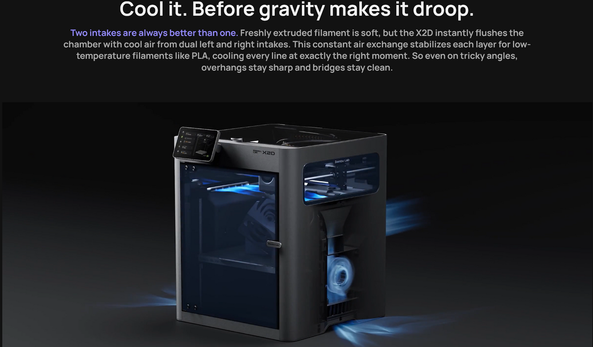 Bambu Lab X2D 3D printer with dual air intake cooling system, front angled view showing illuminated chamber and control panel