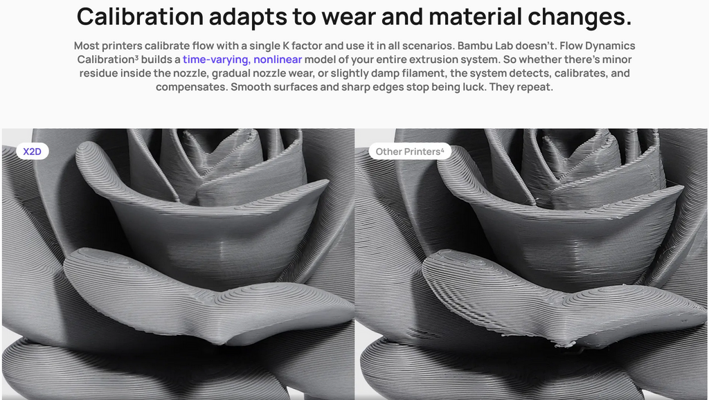 Bambu Lab X2D 3D printer comparison showing smooth surface quality versus other printers