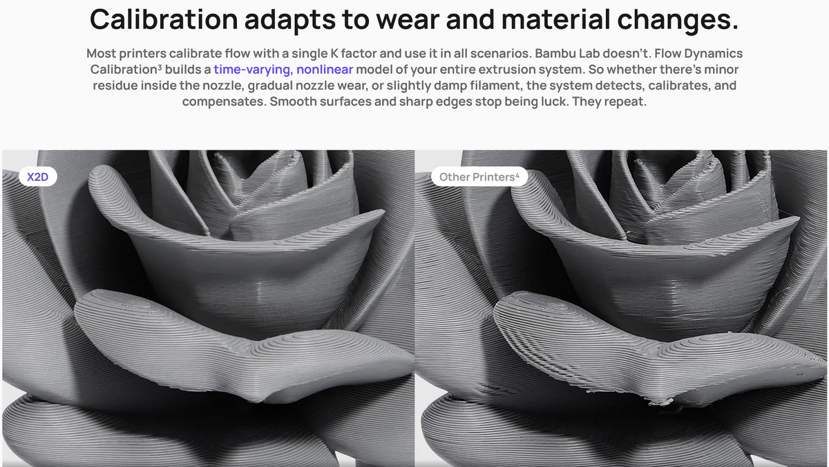 Bambu Lab X2D 3D printer comparison showing smooth surface quality versus other printers
