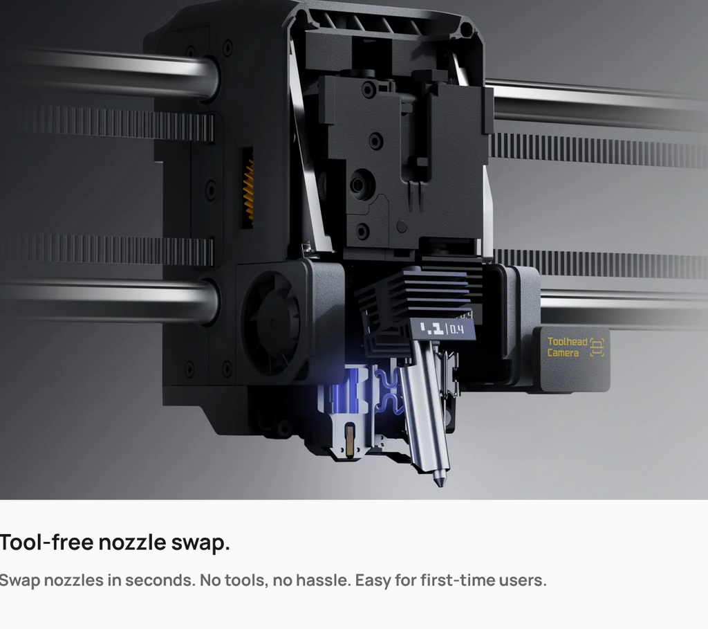 Bambu Lab X2D 3D Printer tool-free nozzle swap mechanism with toolhead camera detail