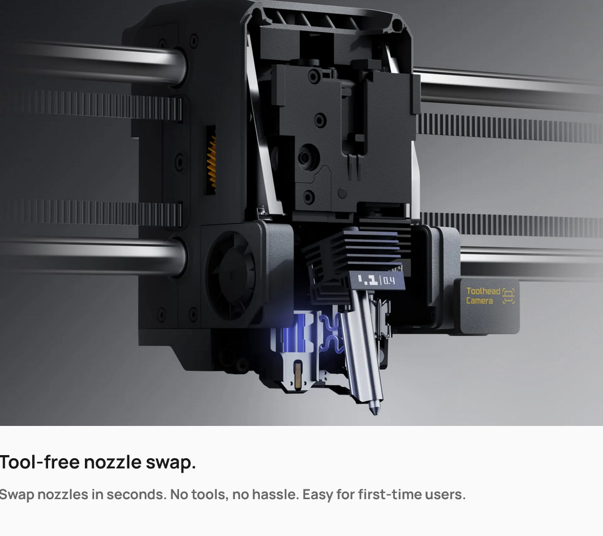 Bambu Lab X2D 3D Printer tool-free nozzle swap mechanism with toolhead camera detail