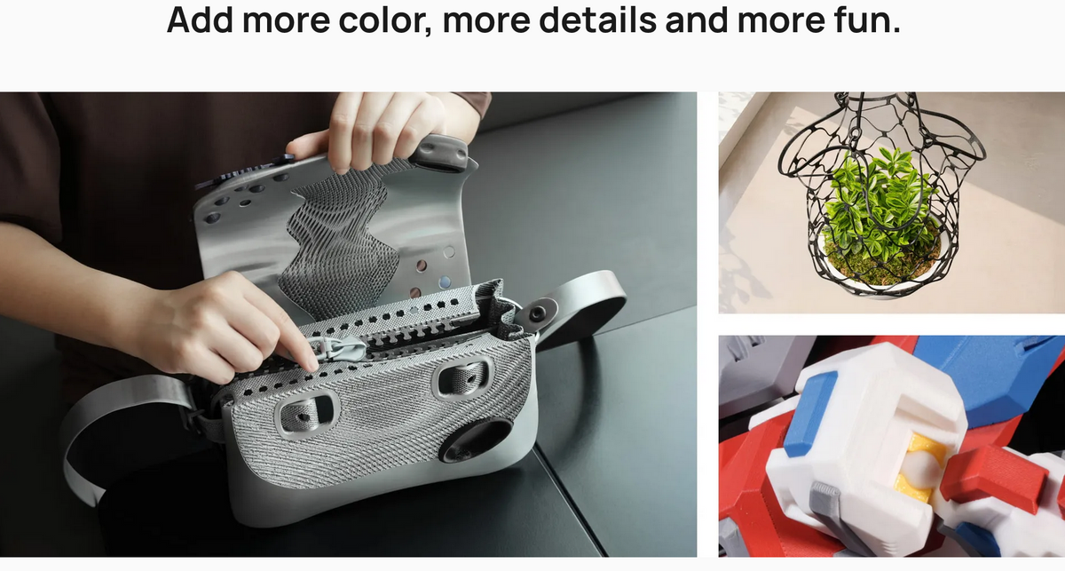 Bambu Lab X2D 3D Printer showcasing colorful prints and plant holder in vibrant detail