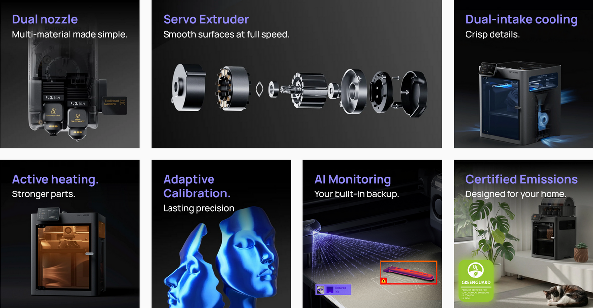 Bambu Lab X2D 3D Printer with Adaptive Calibration featuring blue thermal imaging visualization of printed parts