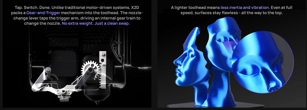 Bambu Lab X2D Gear-and-Trigger nozzle mechanism with lighter toolhead design for reduced vibration