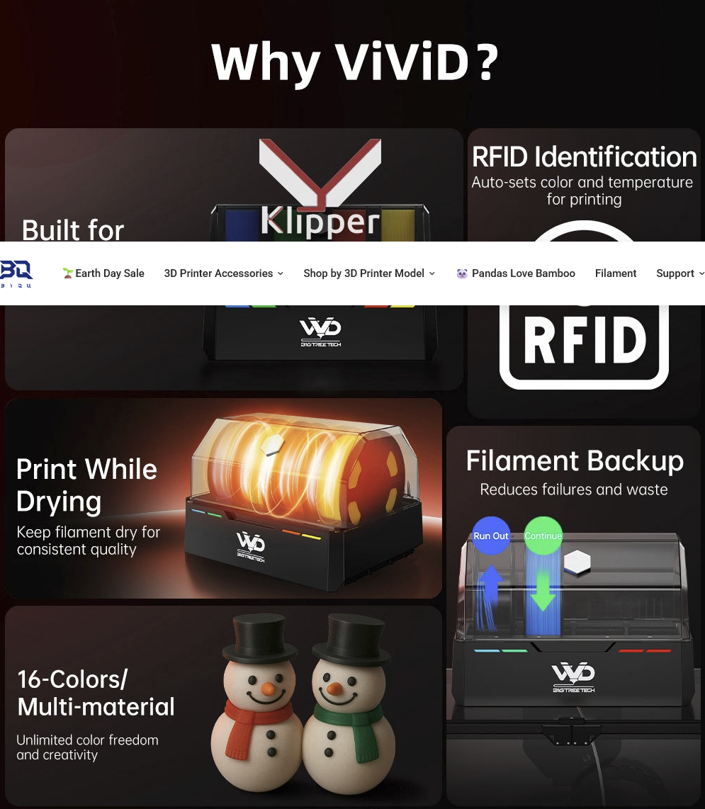 BIGTREETECH ViViD filament dryer with RFID identification, filament backup system, and 16-color multi-material support