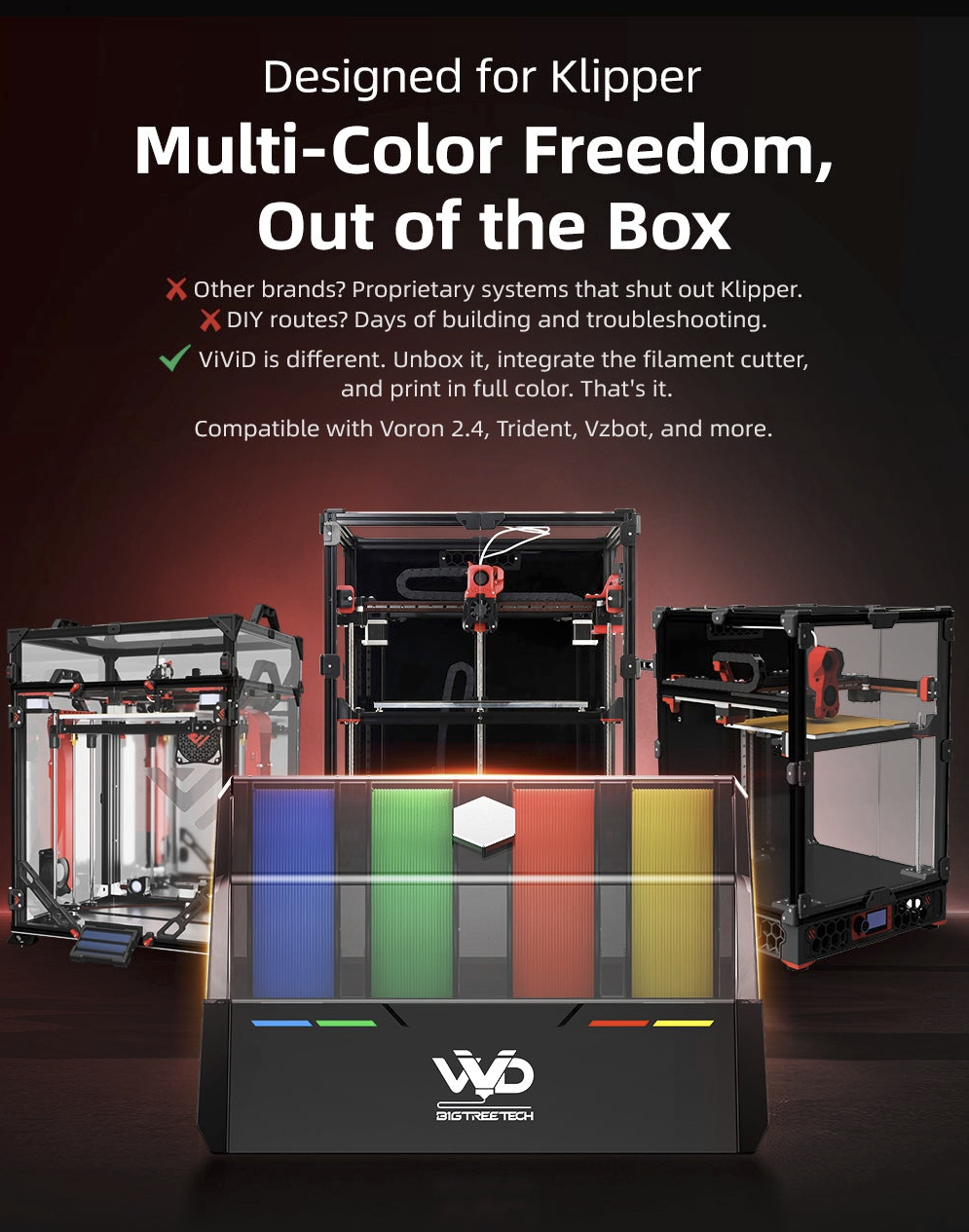 BIGTREETECH ViViD multi-color filament dryer with color samples and compatible 3D printers displayed